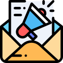 Icono de un sobre abierto con un megáfono y documentos, representando el concepto de marketing por correo electrónico y comunicación efectiva.