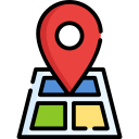 Icono de marcador de ubicación sobre un mapa, representando la búsqueda de direcciones y lugares importantes.