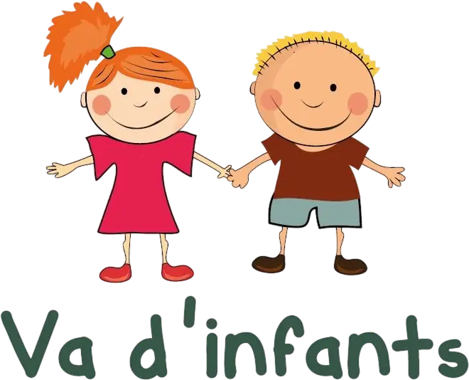 Ilustración de dos niños, una niña con vestido rosa y el pelo rojo, y un niño con camiseta marrón y pantalones cortos, sosteniéndose de las manos. Texto "Va d'infants" en la parte inferior. Ideal para contenido relacionado con la infancia y la educación infantil.