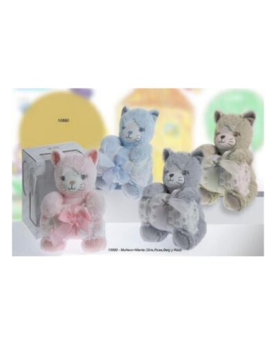 Muñecos de peluche en forma de gato en colores rosa, azul y gris, con cintas decorativas. Ideal para regalar a bebés y niños pequeños.