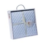 Caja de regalo con una manta azul suave y texturizada, decorada con un lazo y una etiqueta, ideal para bebés.