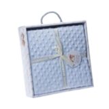 Caja de regalo con una manta azul suave y texturizada, decorada con un lazo y una etiqueta, ideal para bebés.