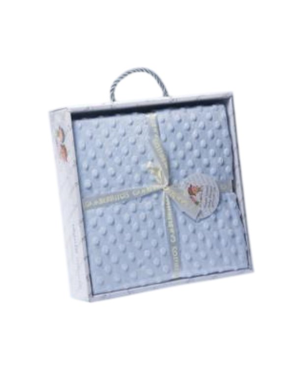 img26 Caja de regalo con una manta azul suave y texturizada, decorada con un lazo y una etiqueta, ideal para bebés.