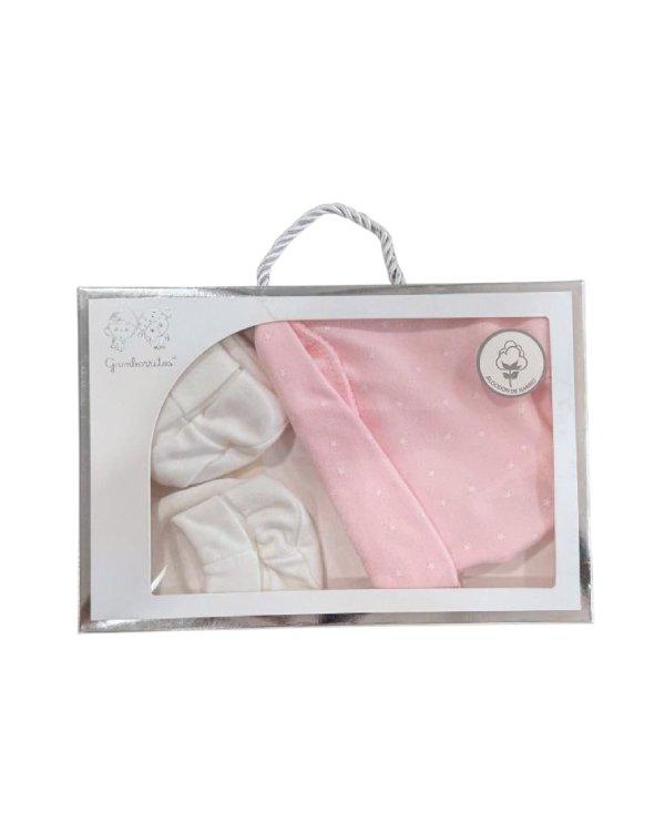 img27 Conjunto de ropa para bebé en caja, incluye gorro rosa con puntos y manoplas blancas, ideal como regalo.