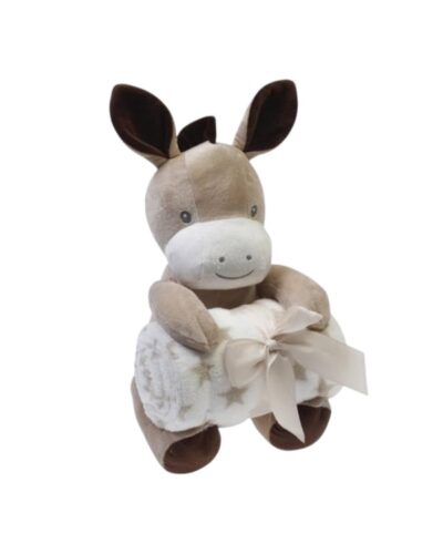 Peluche de burro con manta suave y lazo decorativo, ideal para bebés y niños pequeños. Perfecto como regalo de nacimiento o para brindar comodidad y compañía.