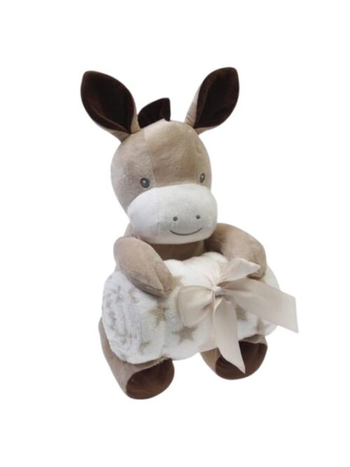 Peluche de burro con manta suave y lazo decorativo, ideal para bebés y niños pequeños. Perfecto como regalo de nacimiento o para brindar comodidad y compañía.