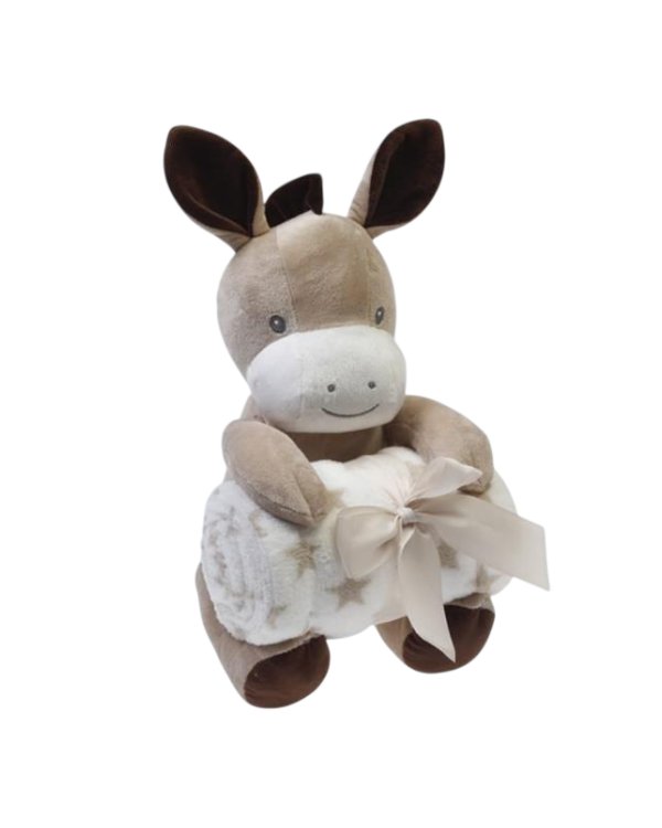 img33 Peluche de burro con manta suave y lazo decorativo, ideal para bebés y niños pequeños. Perfecto como regalo de nacimiento o para brindar comodidad y compañía.