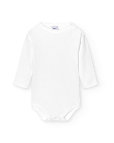 Body de bebé de manga larga en color blanco, fabricado en algodón suave y cómodo, ideal para la ropa diaria de recién nacidos. Perfecto para combinar con otras prendas.