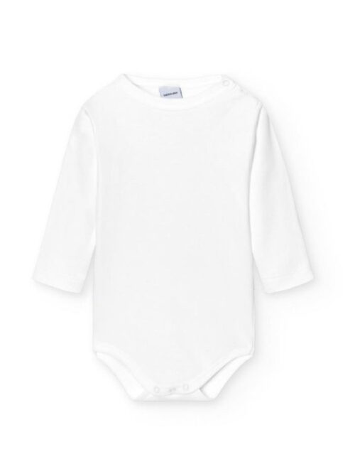 Body de bebé de manga larga en color blanco, fabricado en algodón suave y cómodo, ideal para la ropa diaria de recién nacidos. Perfecto para combinar con otras prendas.